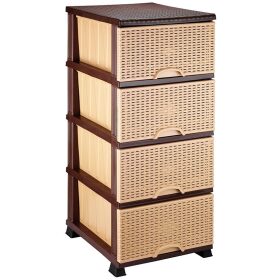 Dulap Lux pentru depozitare Komidin, Bej/Maro, Elif Plastik, 4 cutii depozitare, Rattan, pentru hol, baie si bucatarie, dimensiuni 90X45X38 centimetri
