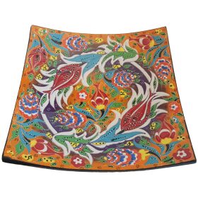 Farfurie ceramica handmade stil turcesc, 22x22 cm, Multicolor oranj cu flori, EHA