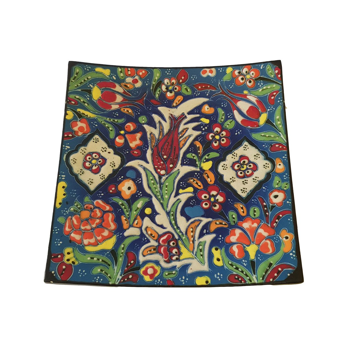 Farfurie ceramica handmade stil turcesc, 16.5x16.5 cm, Multicolor cu flori, EHA
