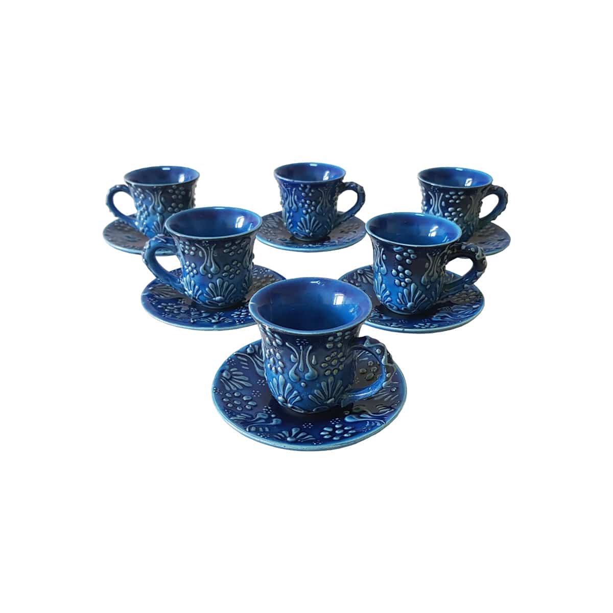 Set cafea turceasca ceramica, pictat manual, 12 piese, turcuaz cu flori, EHA