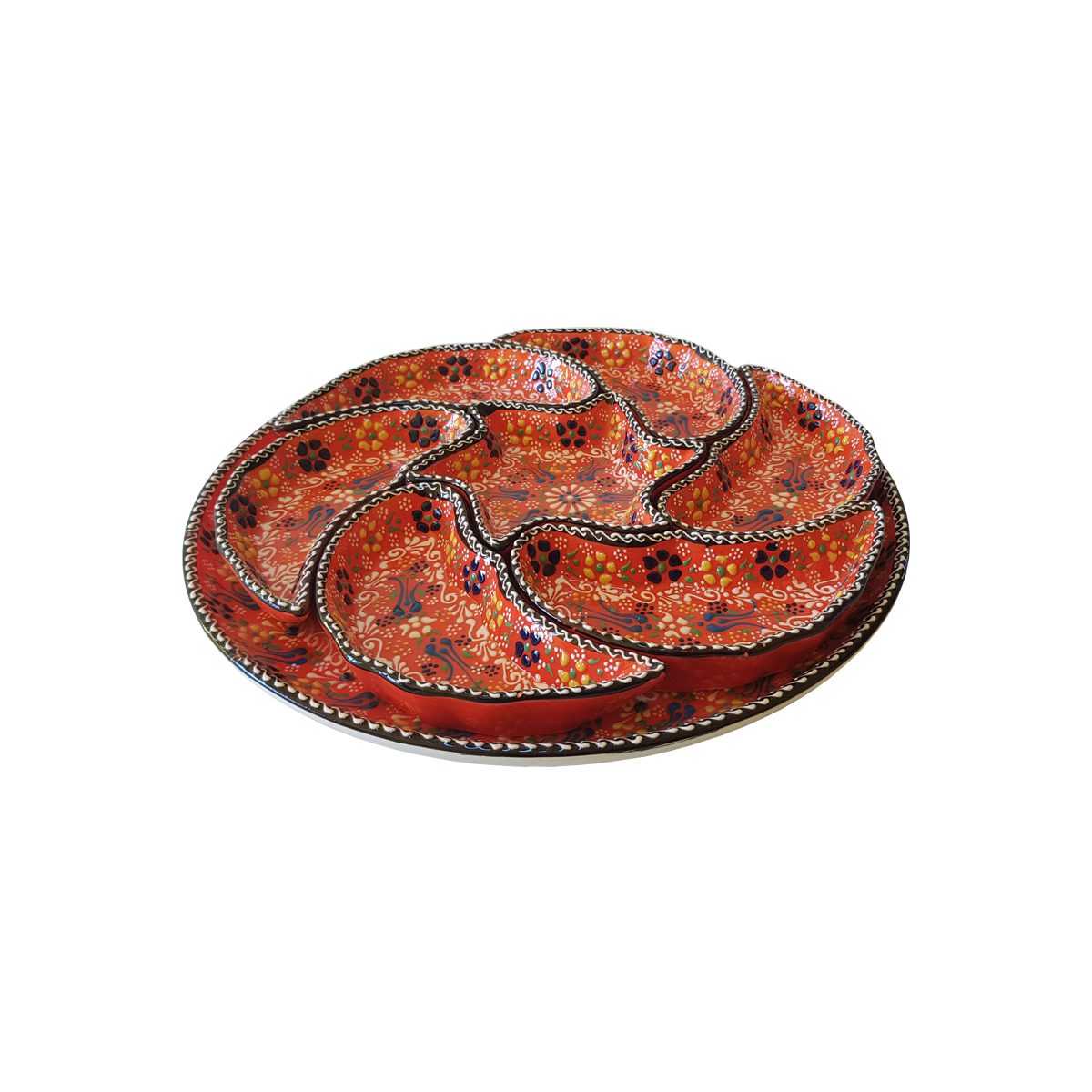 Platou ceramic turcesc, compartimentat cu desen in relief, pentru mic dejun, 8 piese, oranj cu flori, handmade, EHA