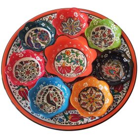 Platou ceramic turcesc cu boluri in relief, 9 piese, oranj cu flori, handmade, EHA