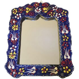 Oglinda patrat in rama cu desen floral, albastru indigo, 20 x 17 cm, EHA