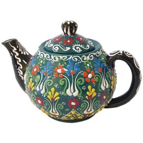 Ceainic turcesti ceramic EHA, pictat manual in relief, culoare multicolor cu flori, 600 ml, hand-made
