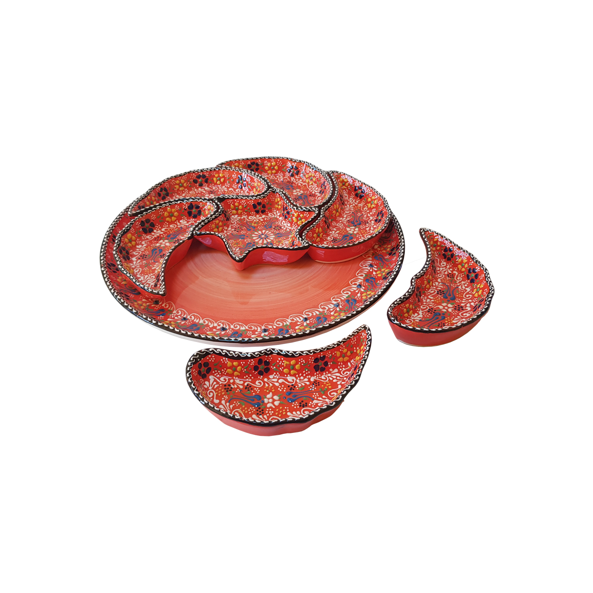 Platou ceramic turcesc, compartimentat cu desen in relief, pentru mic dejun, 8 piese, oranj cu flori, handmade, EHA - imagine 2