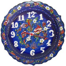 Ceas de perete ceramic EHA cu model floral albastru indigo, diametru 31 cm