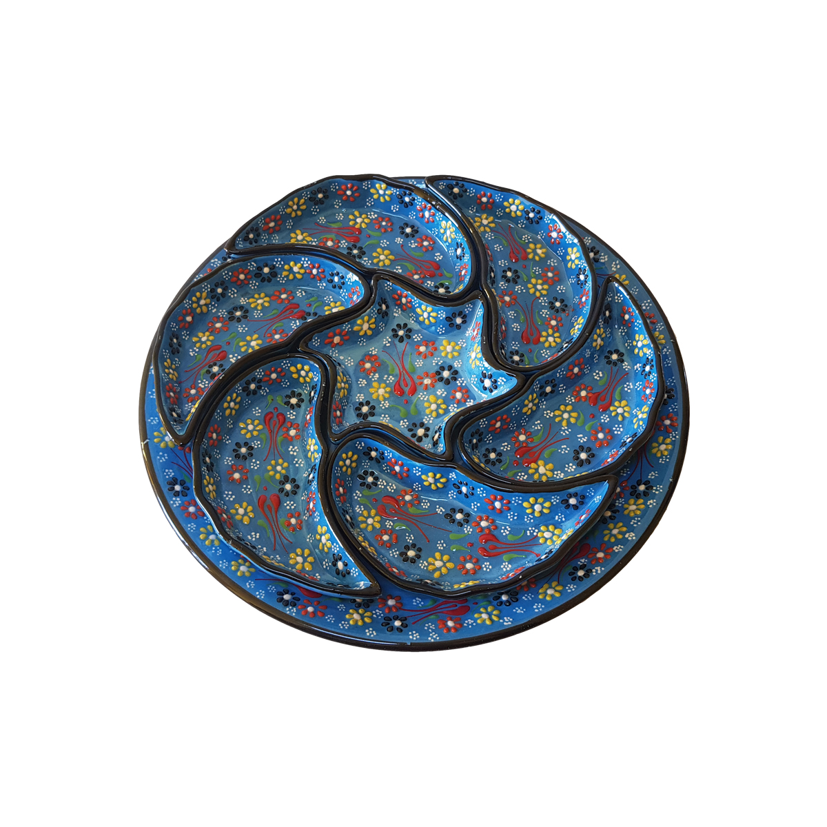 Platou ceramic turcesc, compartimentat cu desen in relief, pentru mic dejun, 8 piese, albastru cu flori, handmade, EHA - imagine 2