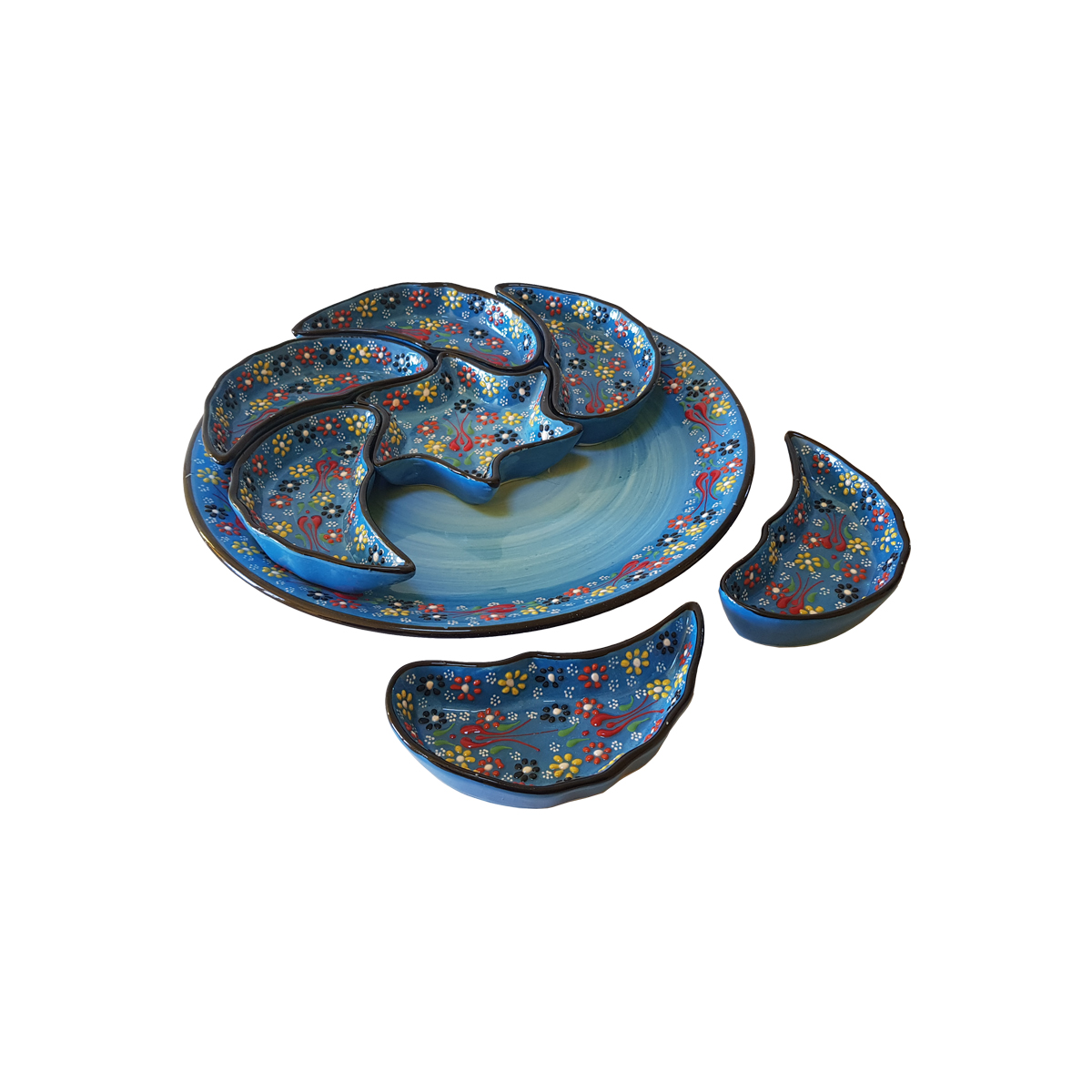 Platou ceramic turcesc, compartimentat cu desen in relief, pentru mic dejun, 8 piese, albastru cu flori, handmade, EHA - imagine 3