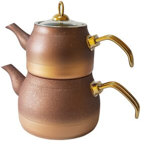 Set 2 ceainic din aluminiu cu invelis de granit BIO, antiaderent si ultra rezistent, capacitate 3.2 lt, Starducks, culoare cafea gold