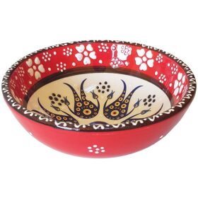 Bol turcesc ceramic in relief, handmade, diametru 12 cm, rosu cu alb, EHA