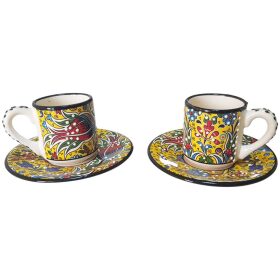 Set cafea turceasca ceramica, pictat manual, 4 piese, galben colorat, EHA