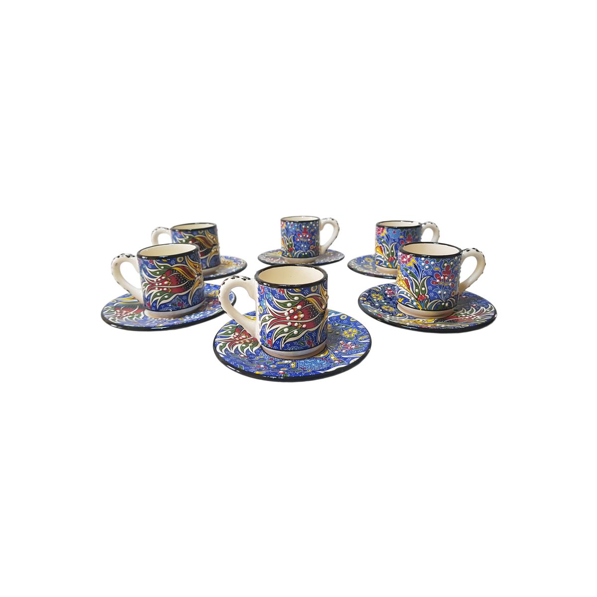 Set cafea turceasca ceramica, pictat manual, 12 piese, multicolor albastru , EHA
