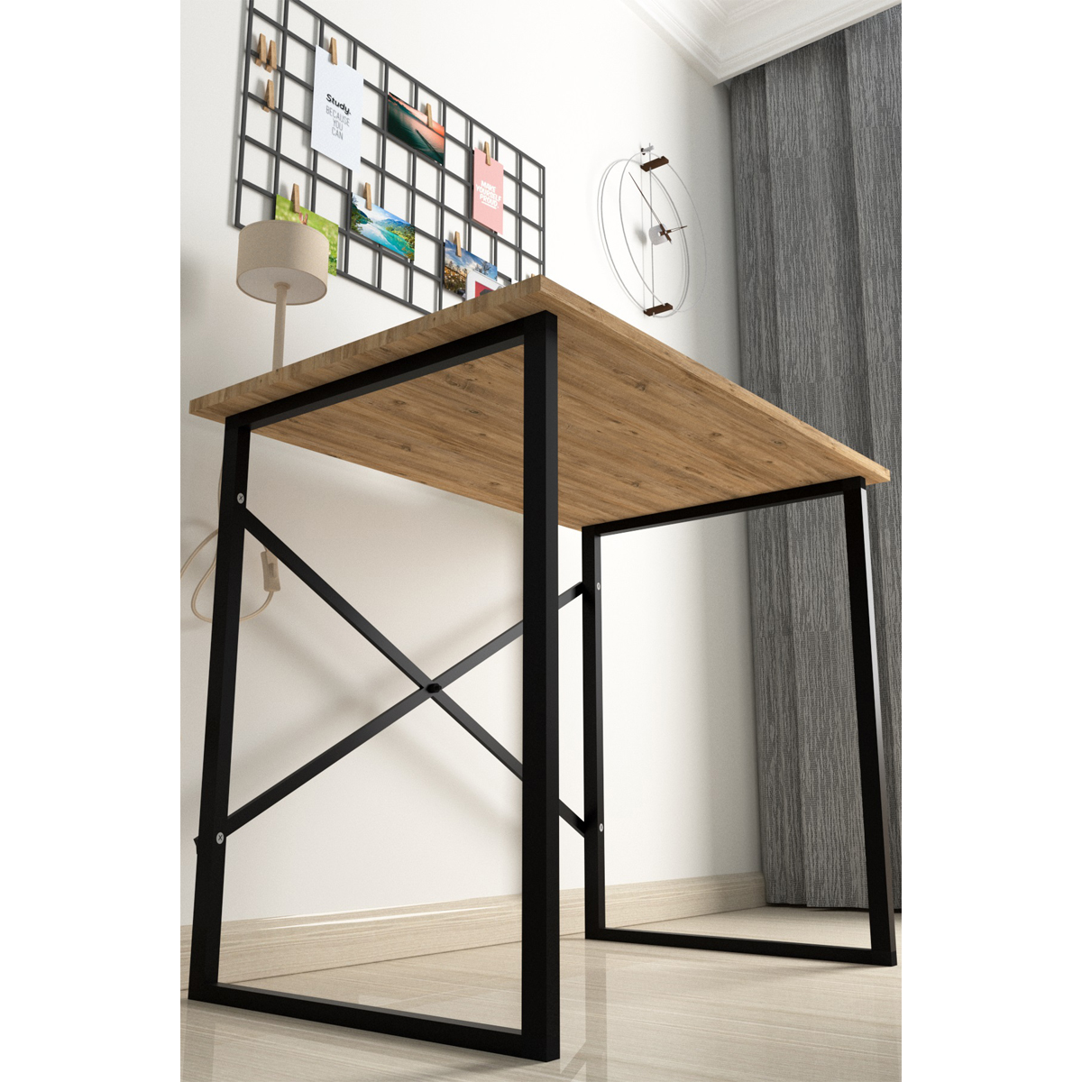 Masa de studiu simpla cu cadru de metal, 60x90 cm, pal + metal, alun, Bofigo - imagine 3