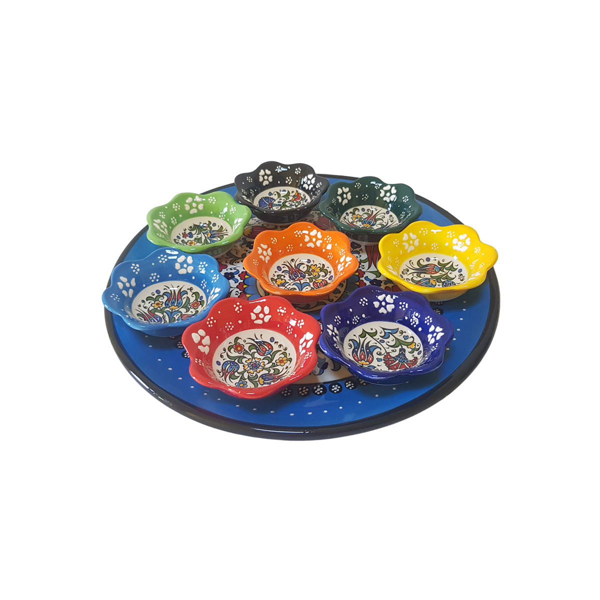Platou ceramic turcesc cu boluri in relief, 9 piese, multicolor albastru cu flori, handmade, EHA - imagine 4