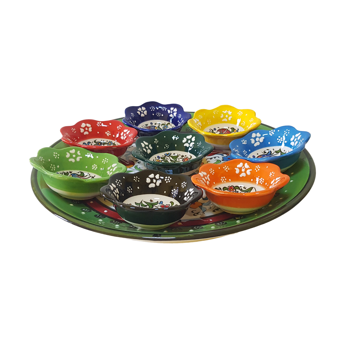 Platou ceramic turcesc cu boluri in relief, 9 piese, multicolor verde cu flori, handmade, EHA - imagine 2