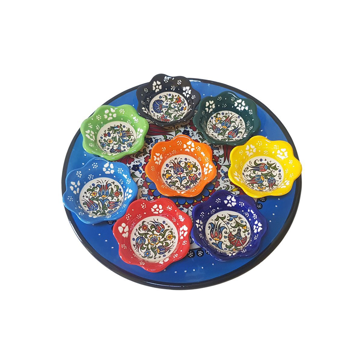 Platou ceramic turcesc cu boluri in relief, 9 piese, multicolor albastru cu flori, handmade, EHA