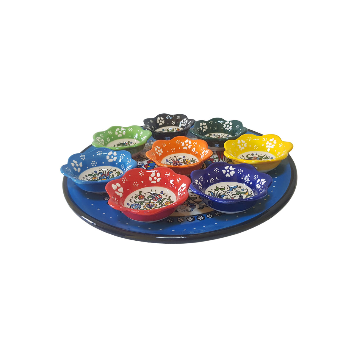 Platou ceramic turcesc cu boluri in relief, 9 piese, multicolor albastru cu flori, handmade, EHA - imagine 2
