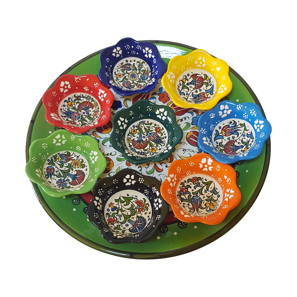 Platou ceramic turcesc cu boluri in relief, 9 piese, multicolor verde cu flori, handmade, EHA