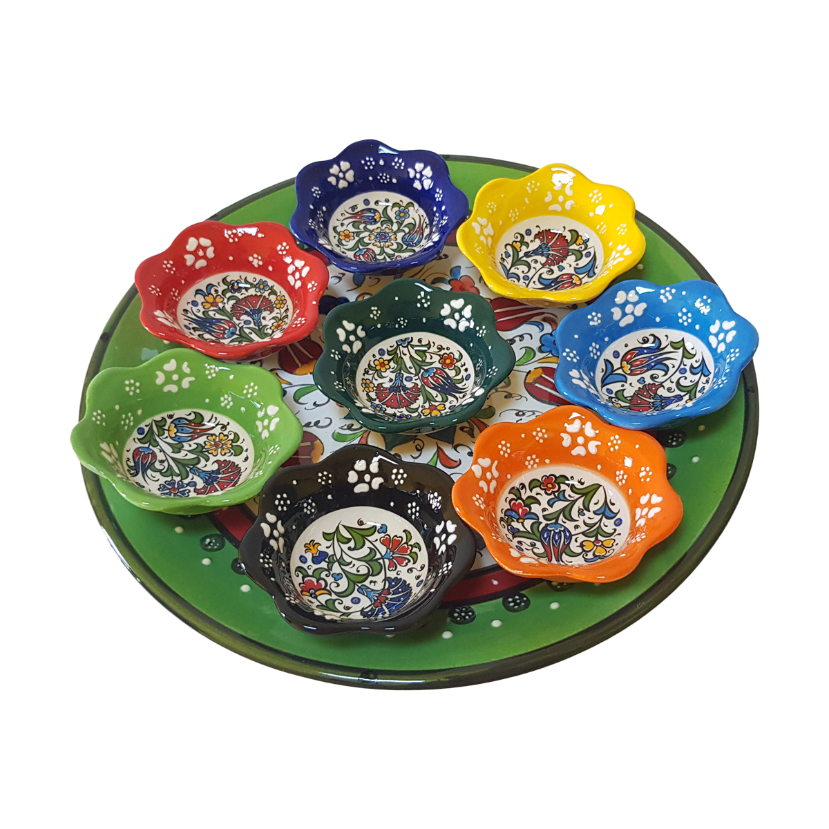 Platou ceramic turcesc cu boluri in relief, 9 piese, multicolor verde cu flori, handmade, EHA - imagine 4