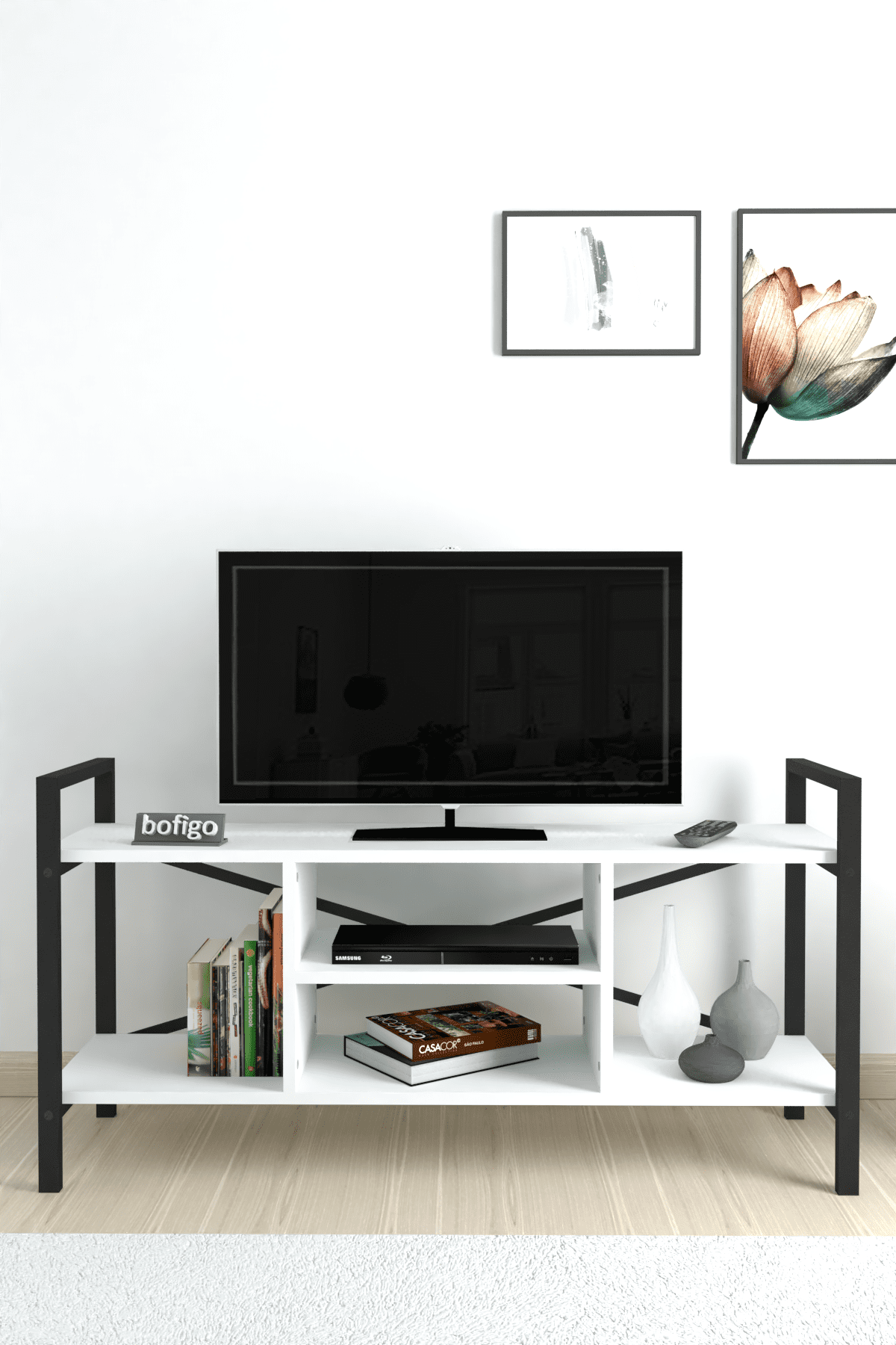 Stand TV Bofigo, 3 rafturi, pal/metal, alb