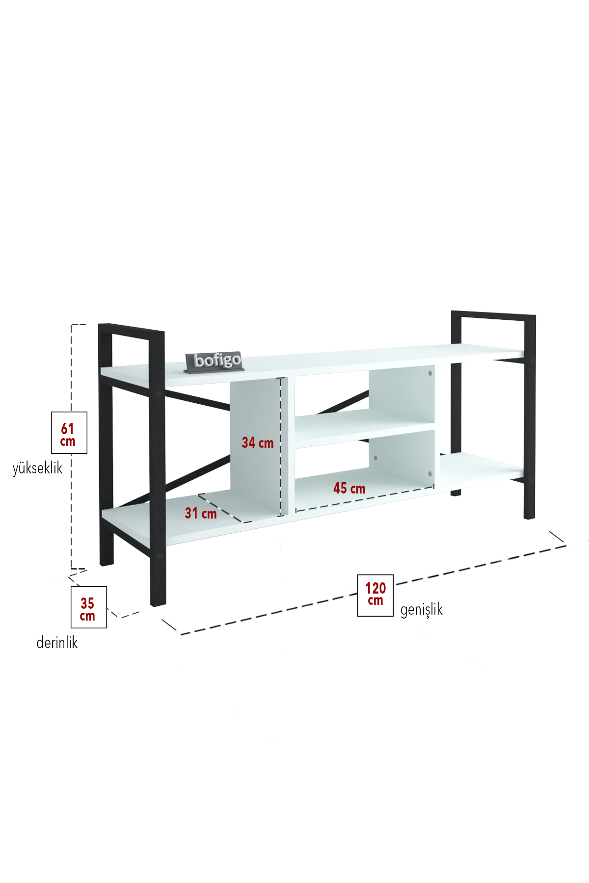Stand TV Bofigo, 3 rafturi, pal/metal, alb - imagine 3