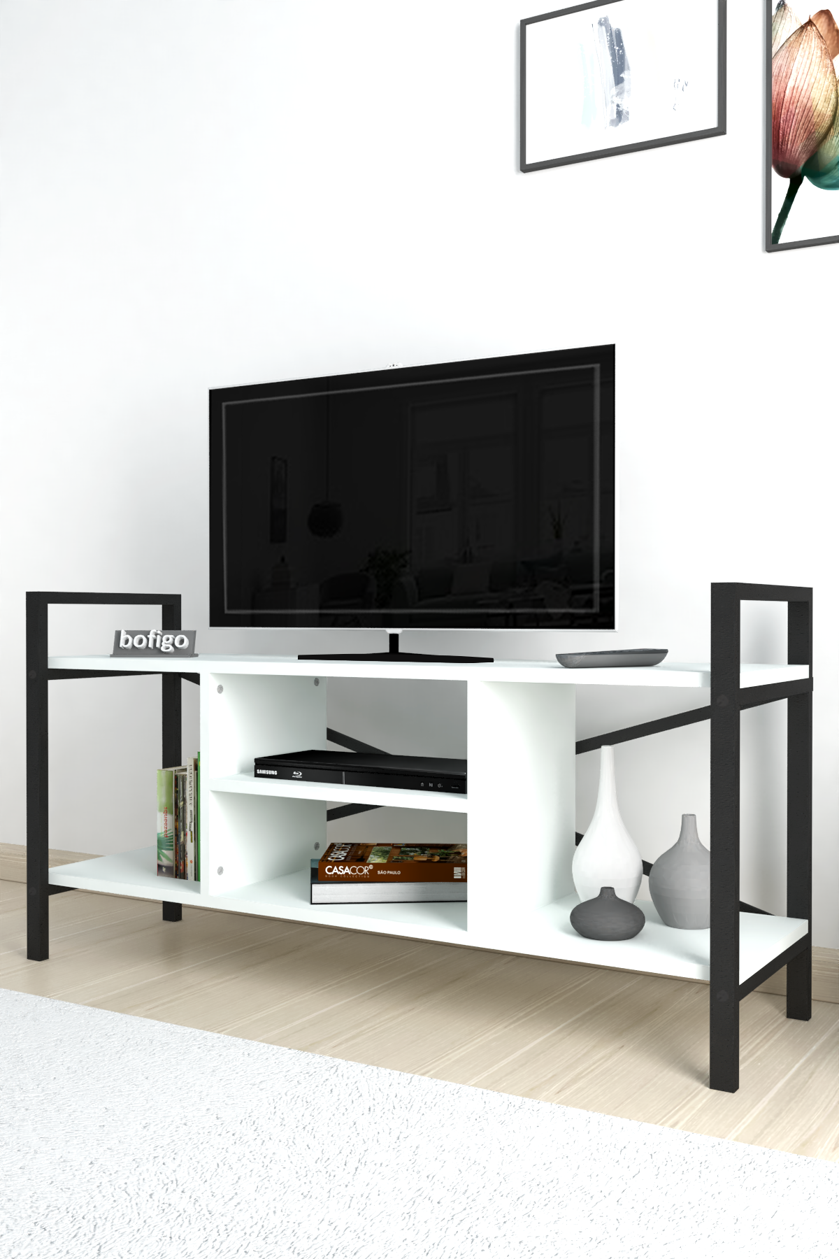 Stand TV Bofigo, 3 rafturi, pal/metal, alb - imagine 5