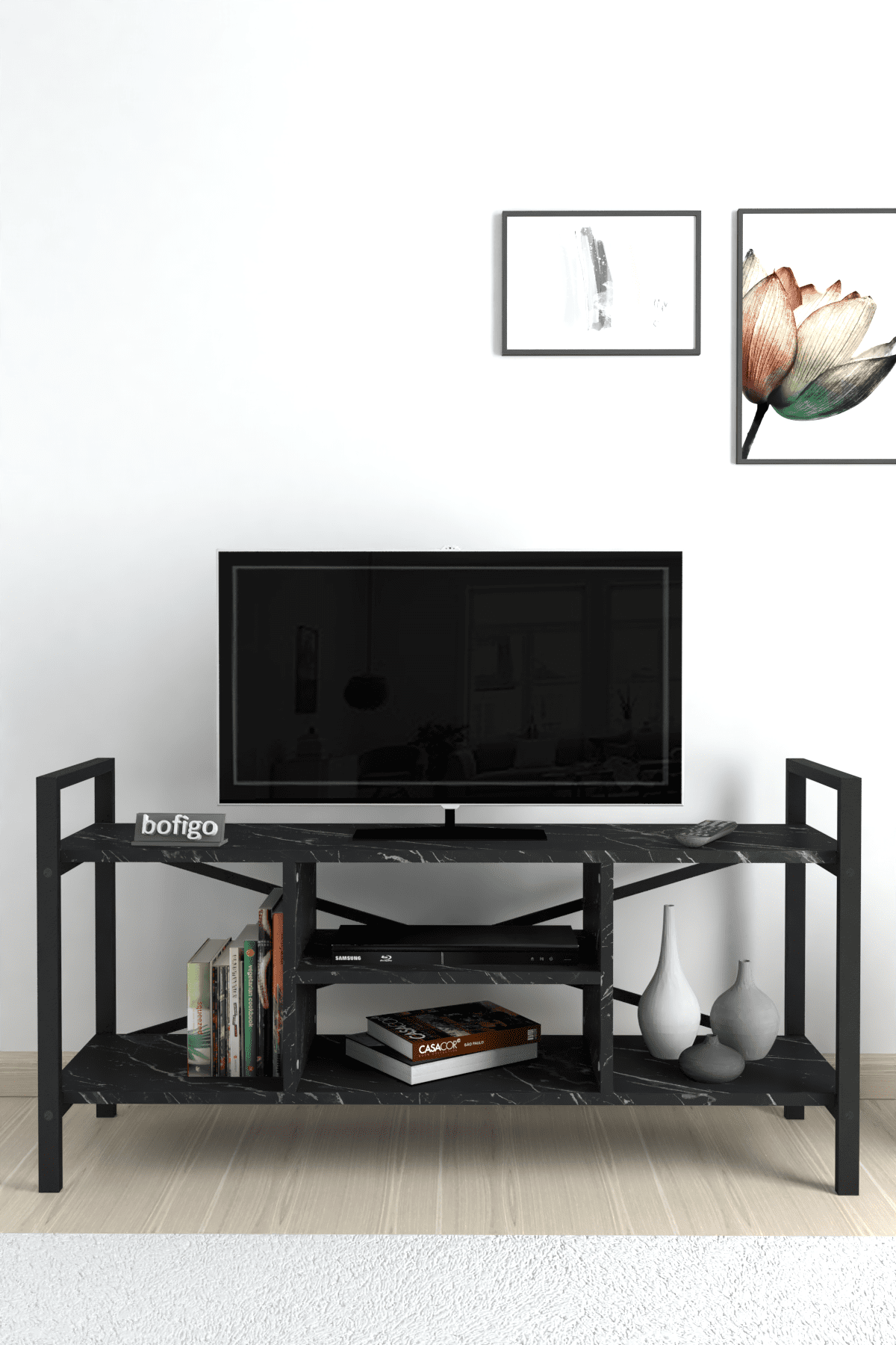 Stand TV Bofigo, 3 rafturi, pal/metal, negru