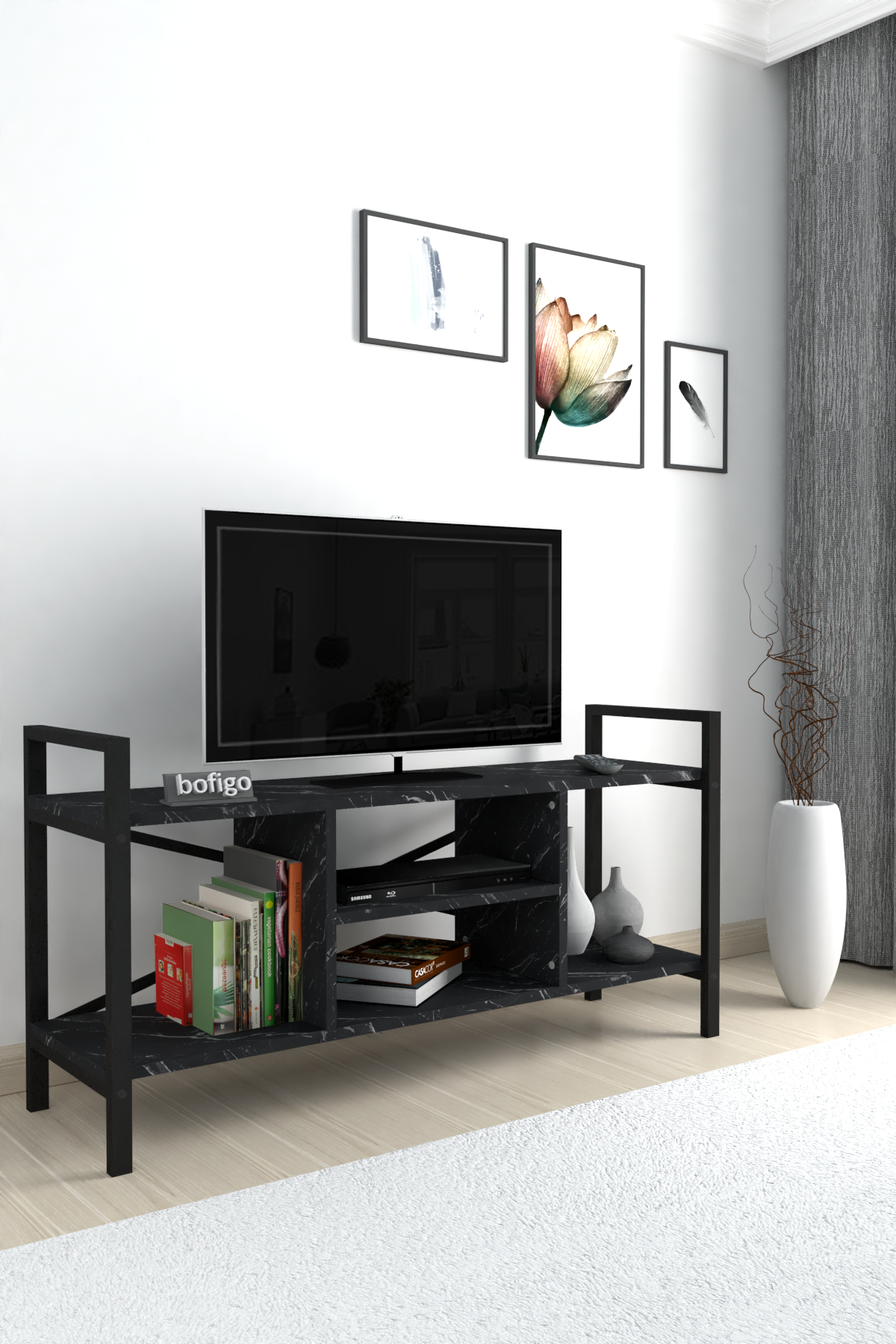 Stand TV Bofigo, 3 rafturi, pal/metal, negru - imagine 2