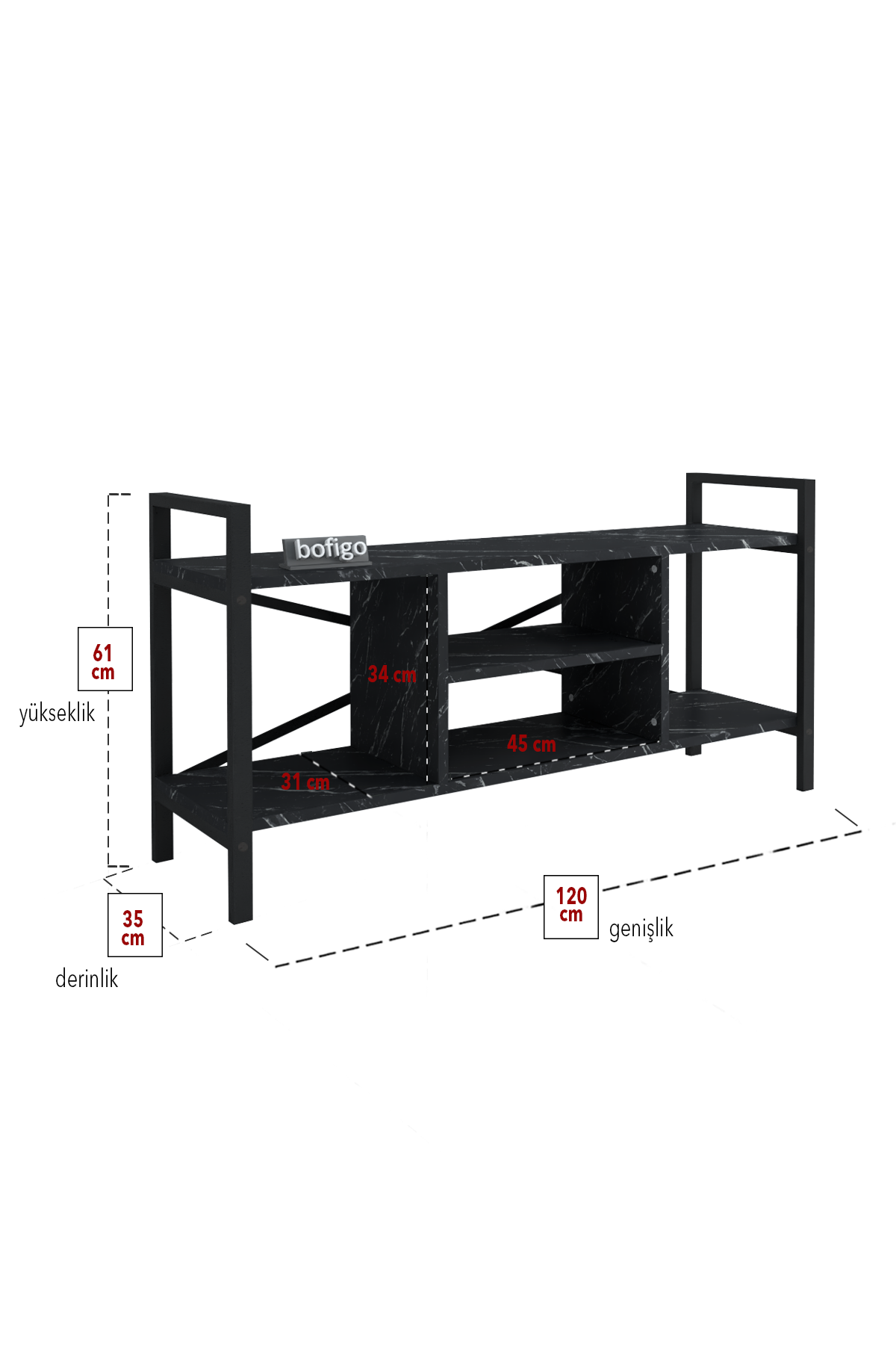 Stand TV Bofigo, 3 rafturi, pal/metal, negru - imagine 4