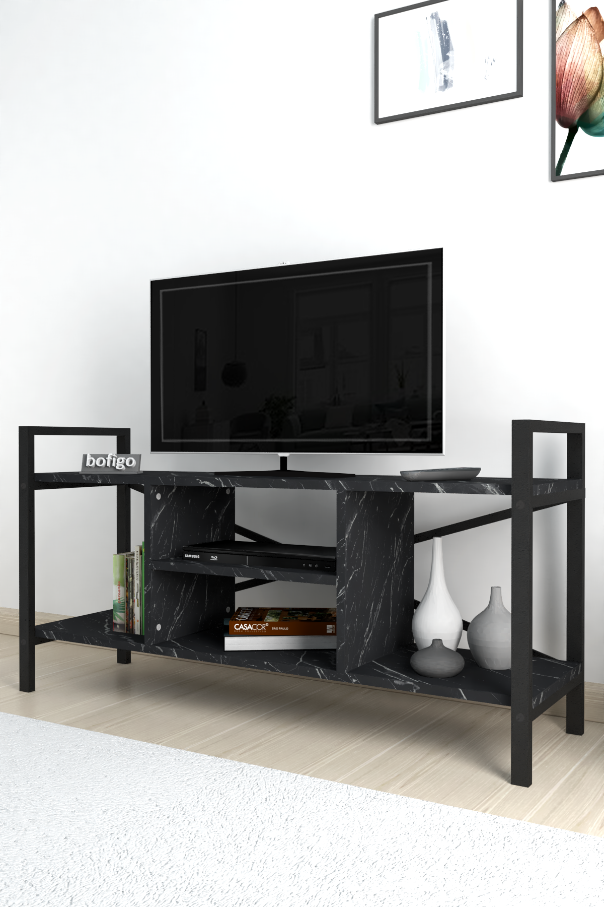 Stand TV Bofigo, 3 rafturi, pal/metal, negru - imagine 5