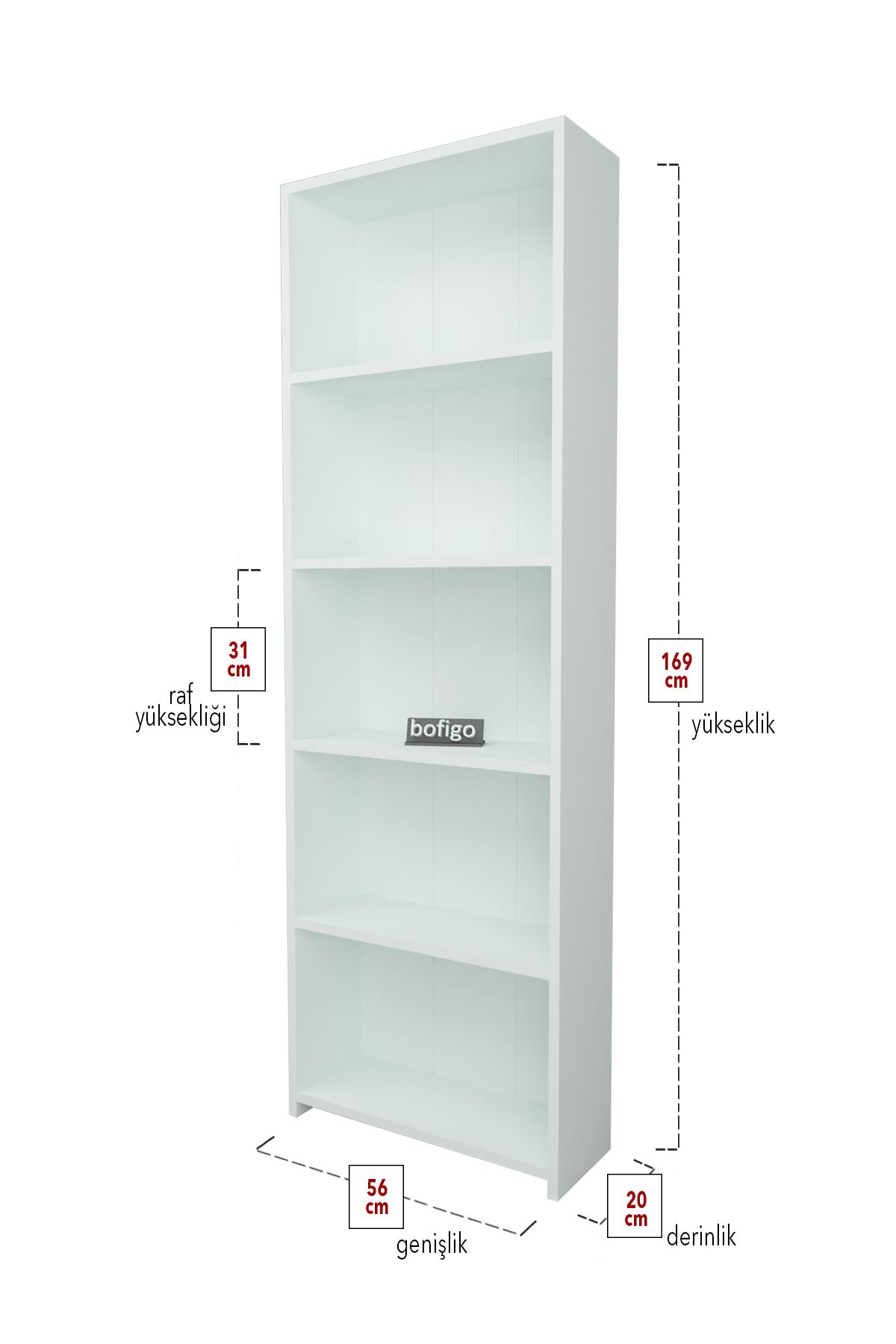Biblioteca lemn Bofigo, 5 rafturi, pal, alb - imagine 3
