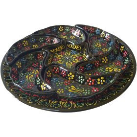 Platou ceramic turcesc, compartimentat cu desen in relief, pentru mic dejun, 8 piese, negru cu flori , handmade, EHA