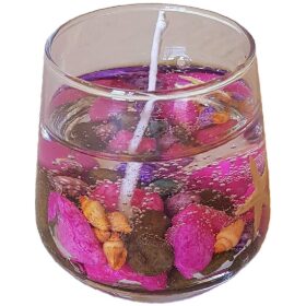 Lumanare parfumata in pahar cu diverse decor interior, model maro cu roz cu aroma de trandafir rosu, 5x6 cm, 158 gr