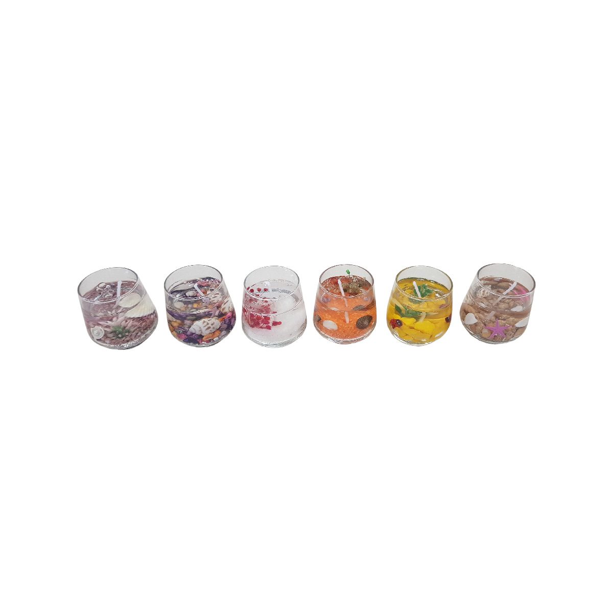 Set 6 lumanare parfumata in pahar cu diverse decor interior, model cu aroma de lamaie verde, 5x6 cm, 928 gr