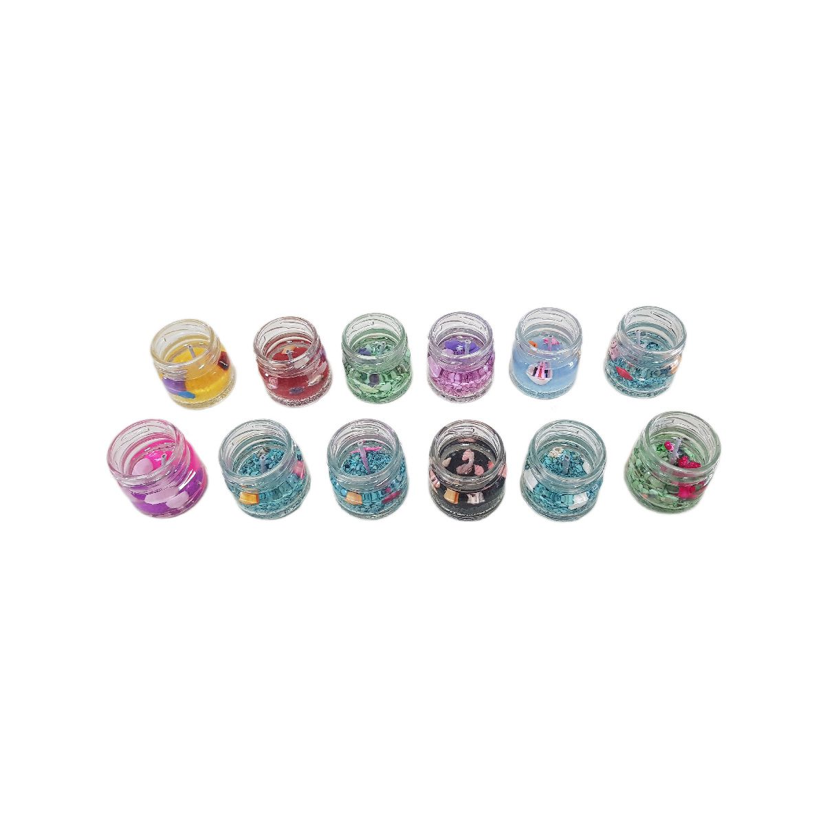 Set 12 lumanare parfumata in pahar cu diverse decor interior, model cu aroma de lavanda, 4x4 cm, 972 gr