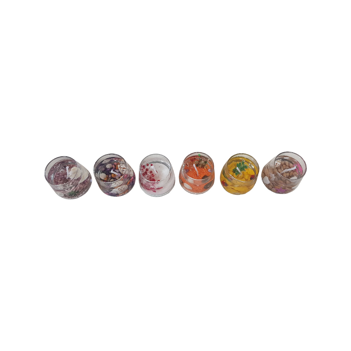 Set 6 lumanare parfumata in pahar cu diverse decor interior, model cu aroma de lamaie verde, 5x6 cm, 928 gr - imagine 2