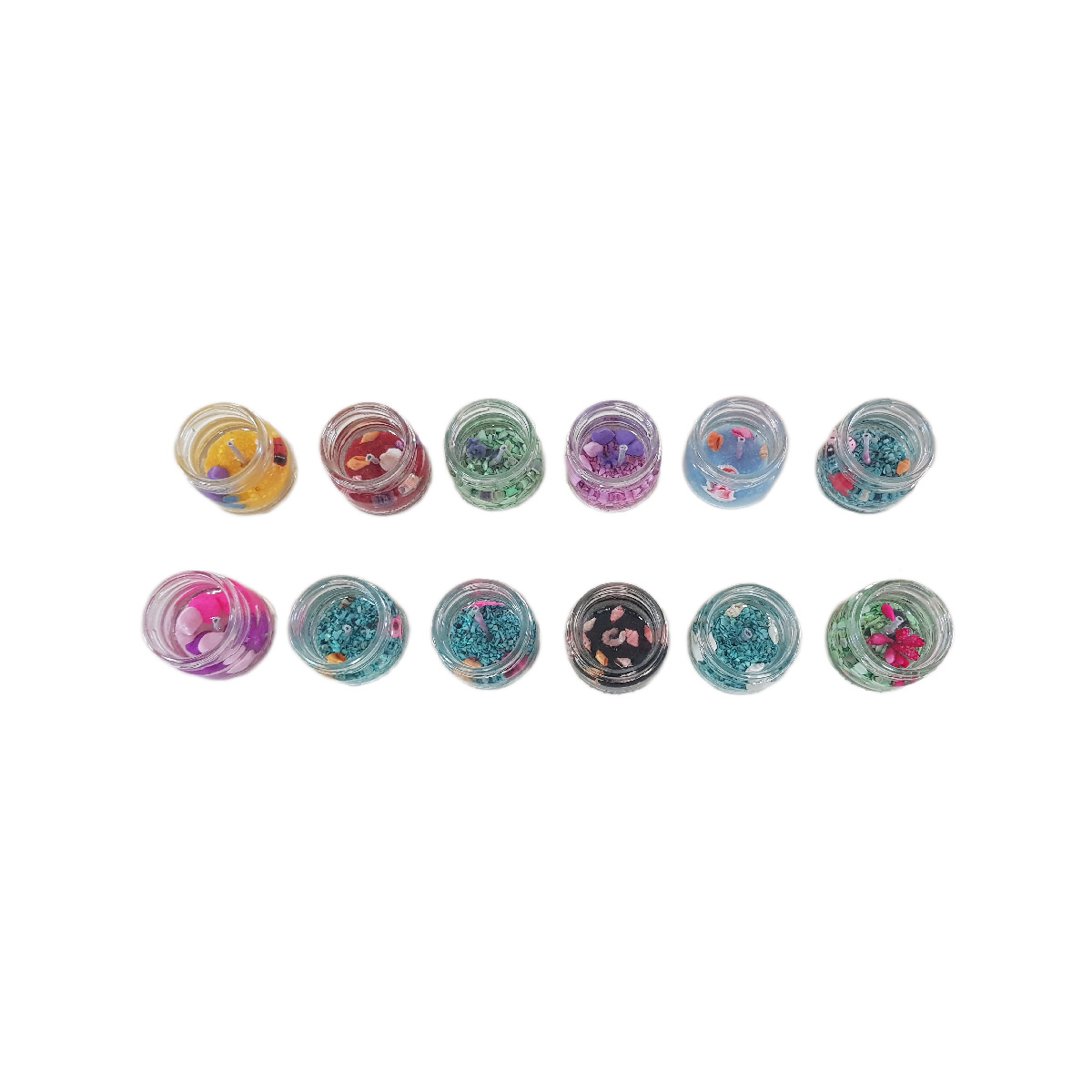 Set 12 lumanare parfumata in pahar cu diverse decor interior, model cu aroma de lavanda, 4x4 cm, 972 gr - imagine 2