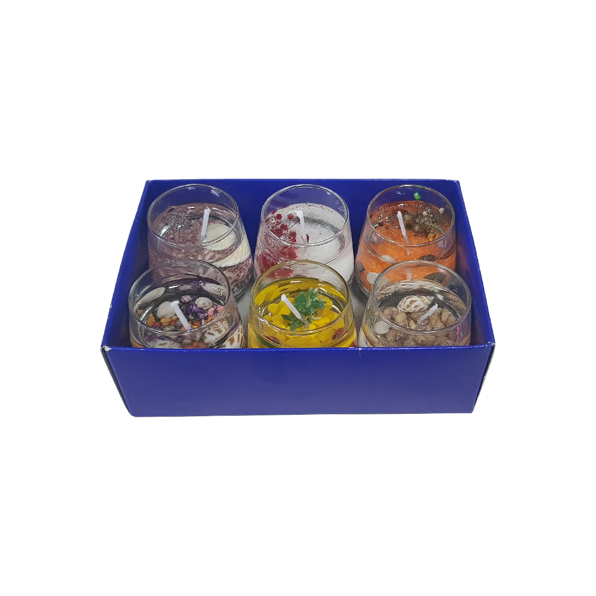 Set 6 lumanare parfumata in pahar cu diverse decor interior, model cu aroma de lamaie verde, 5x6 cm, 928 gr - imagine 3