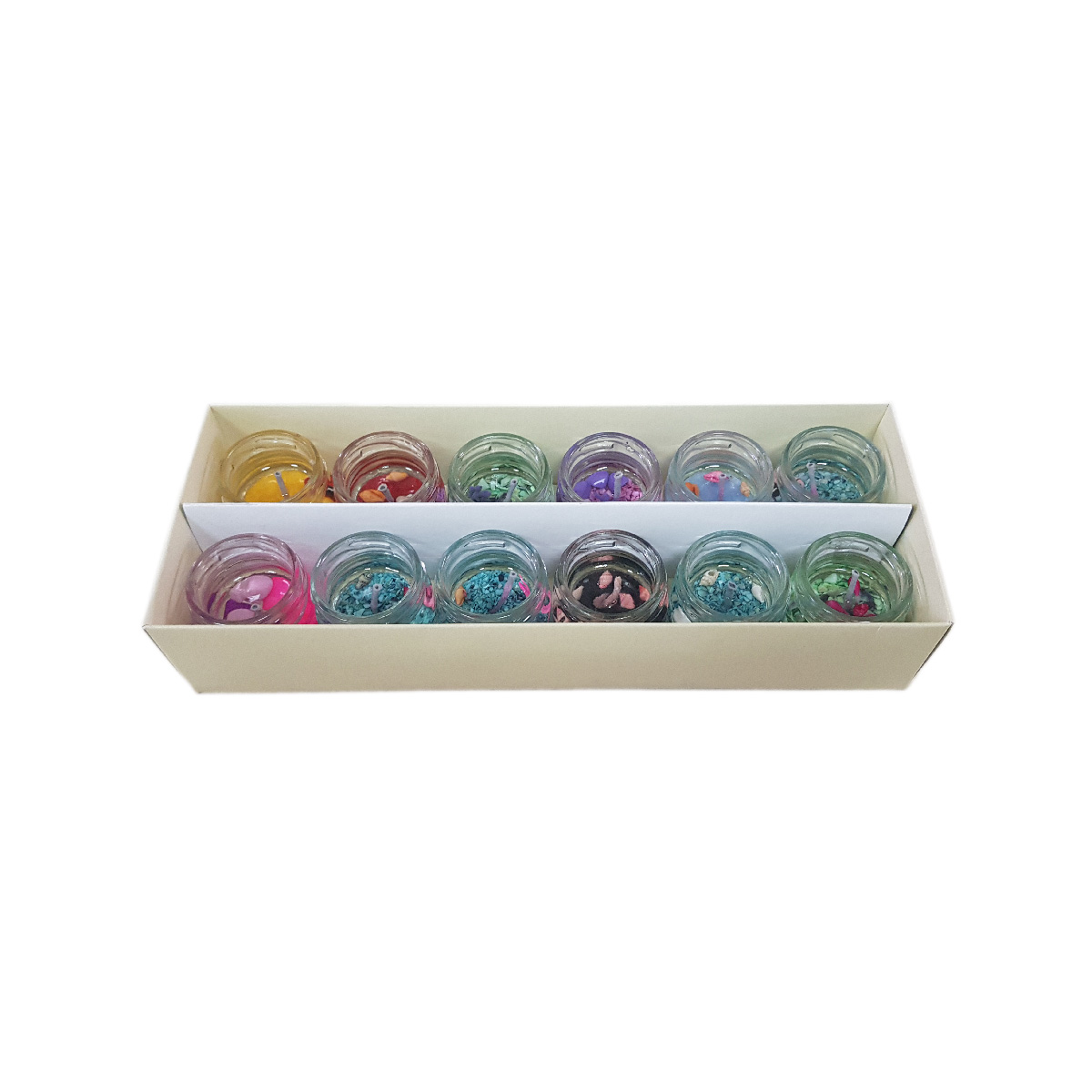 Set 12 lumanare parfumata in pahar cu diverse decor interior, model cu aroma de lavanda, 4x4 cm, 972 gr - imagine 3