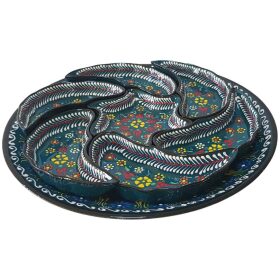 Platou ceramic turcesc, compartimentat cu desen in relief, pentru mic dejun, 8 piese, verde inchis cu flori , handmade, EHA