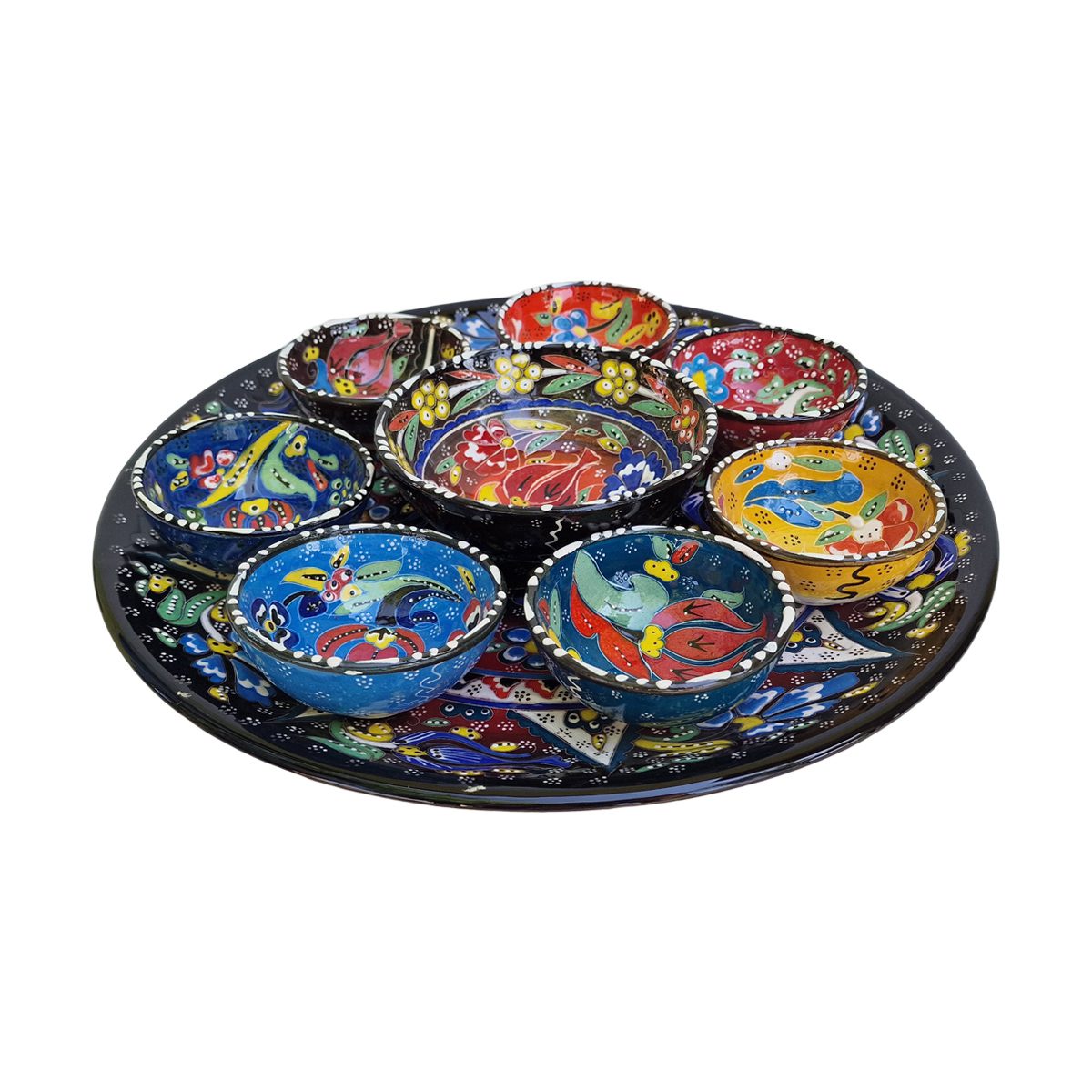 Platou ceramica turcesc cu boluri in relief, Ø33xH6 cm, 9 piese, handmade, EHA, model triunghi - imagine 3