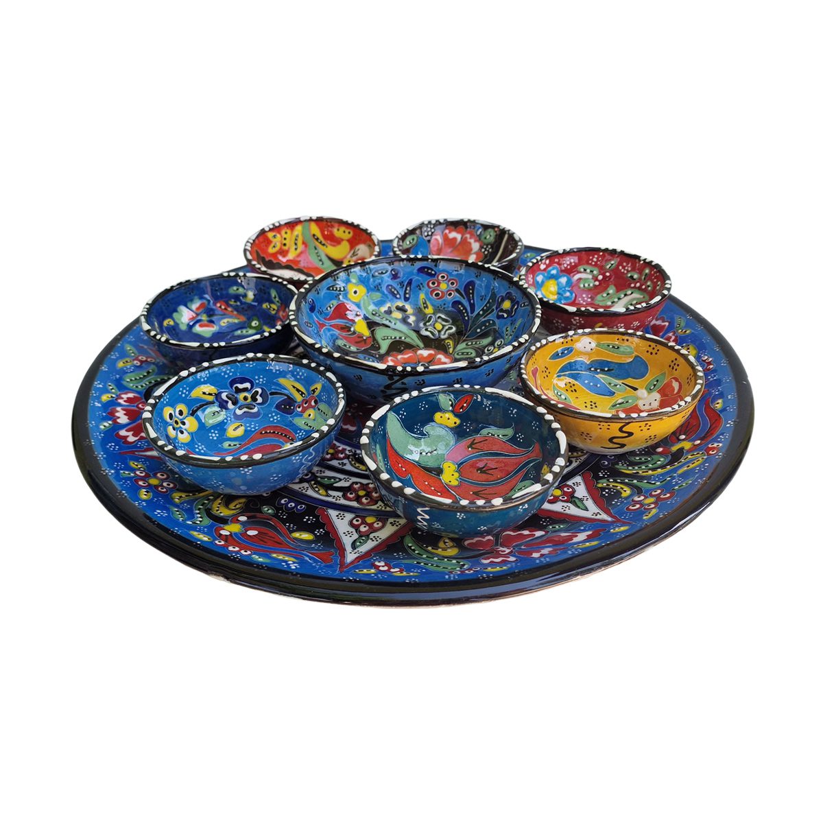 Platou ceramica turcesc cu boluri in relief, Ø33xH6 cm, 9 piese, handmade, EHA, model triunghi - imagine 4
