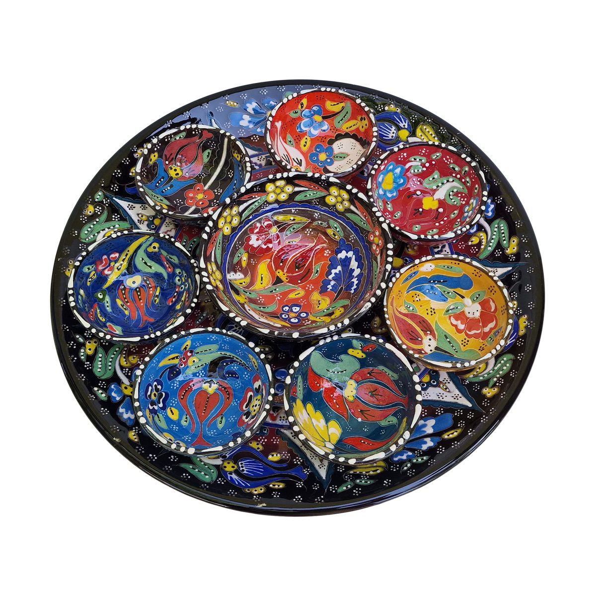 Platou ceramica turcesc cu boluri in relief, Ø33xH6 cm, 9 piese, handmade, EHA, model triunghi