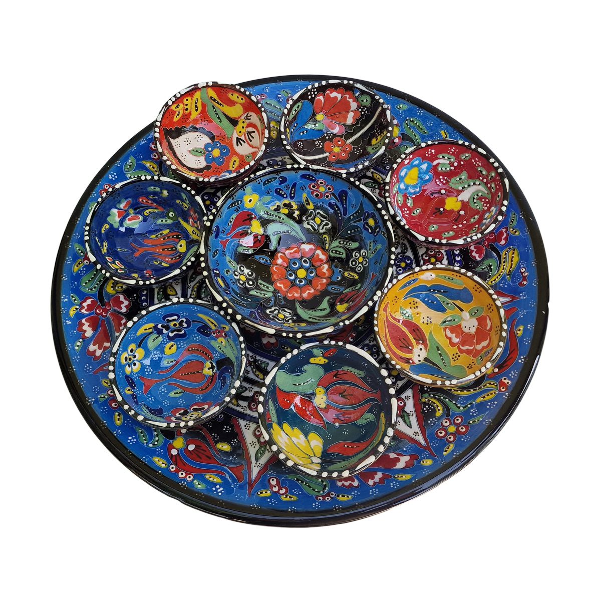 Platou ceramica turcesc cu boluri in relief, Ø33xH6 cm, 9 piese, handmade, EHA, model triunghi - imagine 2
