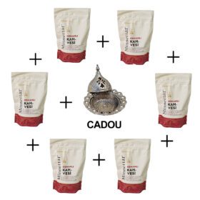 Set 6 Cafea Turceasca Ottoman Minnettar, Made in Turkiye, 165 gr + Cadou Tavita rotund, traditional stil ottoman cu capac din zamac, Argintiu